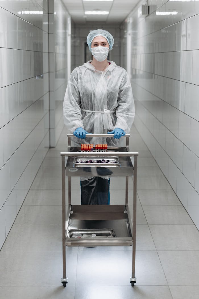 Scientist in protective gear handling lab equipment in a sterile hallway.